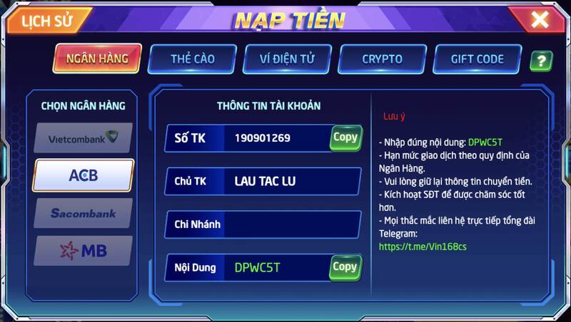 Nạp tiền vào game qua ngân hàng ACB